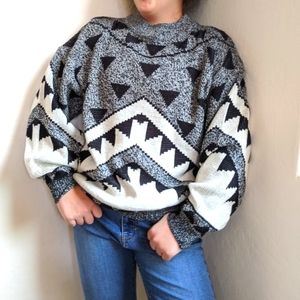 Vintage Retro Oversized Mock Neck Knit Geometric Graphic Sweater